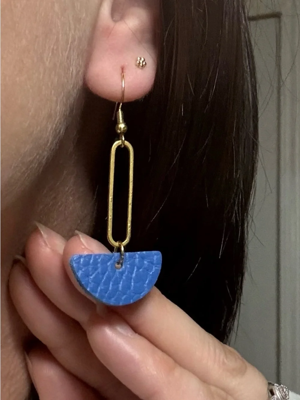 Gold Drop Earrings with Blue Leather Semicircles